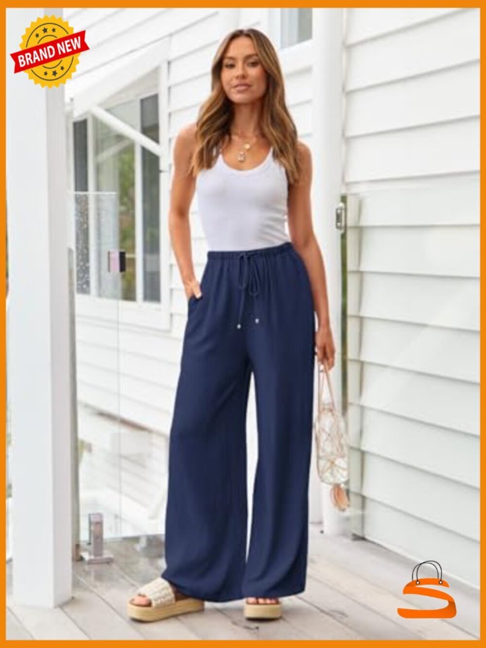 Linen Palazzo Wide Leg Pants with Pockets High Rise - Picture 2 of 6
